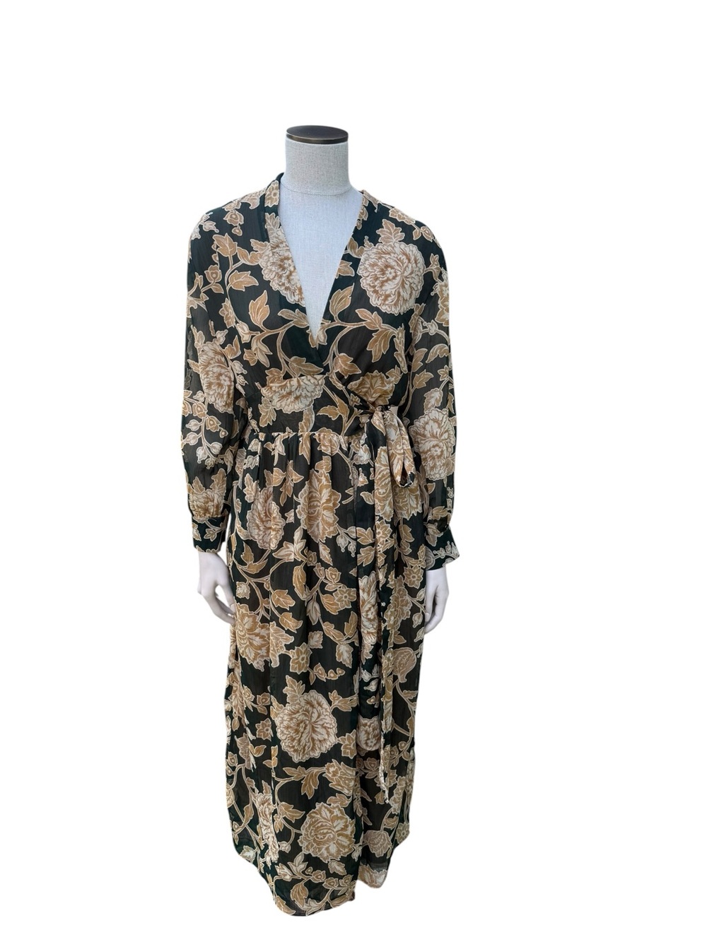 Dress Forum Black Floral Wrap Maxi Robe with Tan Blooms